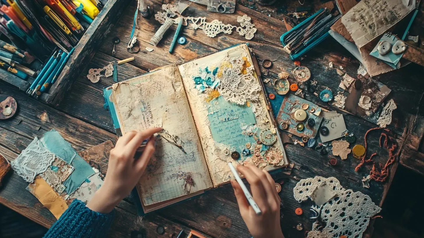 Manos decorando un diario con encaje, botones y papelería sobre un escritorio de madera